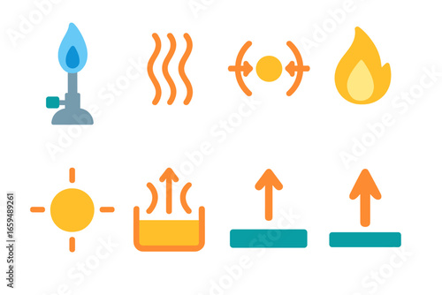 Bunsen Burner Icons. Flat vector mini-illustrations bunsen burner energy in colors children's illustrations: gas flame, heat waves