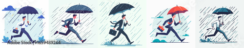 Flat Style Illustration of Business People Running in the Rain