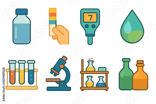 Children's Water Testing Icons. Flat vector mini-illustrations water testing in colors children's illustrations: water sample