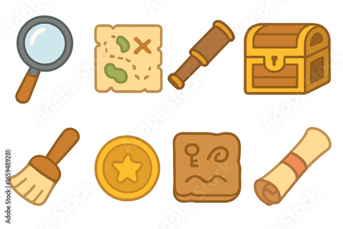 Children's Treasure Hunt Icons. Flat vector mini-illustrations treasure hunt gear in colors children's illustrations: loupe, old