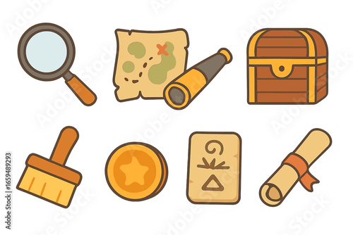 Children's Treasure Hunt Icons. Flat vector mini-illustrations treasure hunt gear in colors children's illustrations: loupe, old