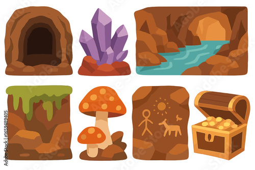 Cave Adventure Icons. Flat vector mini-illustrations underground cave scenes in colors children's illustrations: dark tunnel,