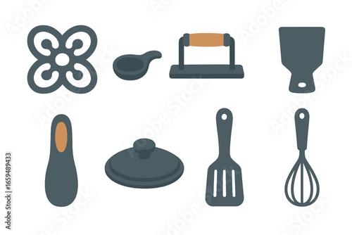 Cast Iron Tools. Flat vector mini-illustrations cast iron cooking accessories in colors children's illustrations: cast iron trivet