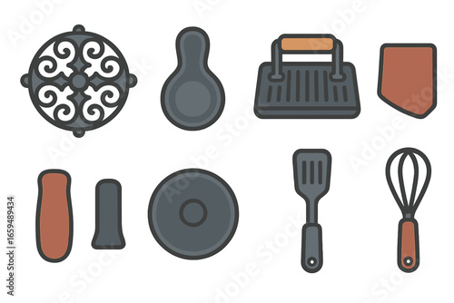 Cast Iron Tools. Flat vector mini-illustrations cast iron cooking accessories in colors children's illustrations: cast iron trivet