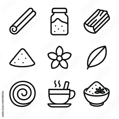 Cinnamon Icon Set. Outline icon set of cinnamon: cinnamon stick, ground cinnamon jar, cinnamon bark, cinnamon powder, cinnamon