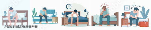 Flat Illustration of Depressed Man Sitting on Bed Feeling Sadness Concept
