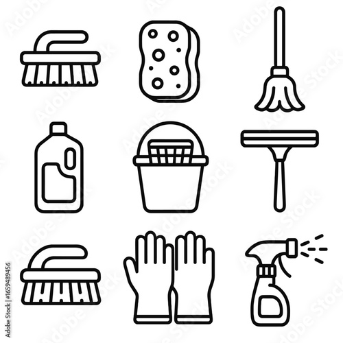 Cleaning Tools Icons. Outline icon set of bucket cleaning tools: brush, sponge, mop, squeegee, detergent bottle, scrubber, bucket
