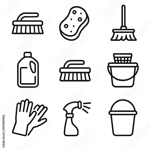 Cleaning Tools Icons. Outline icon set of bucket cleaning tools: brush, sponge, mop, squeegee, detergent bottle, scrubber, bucket