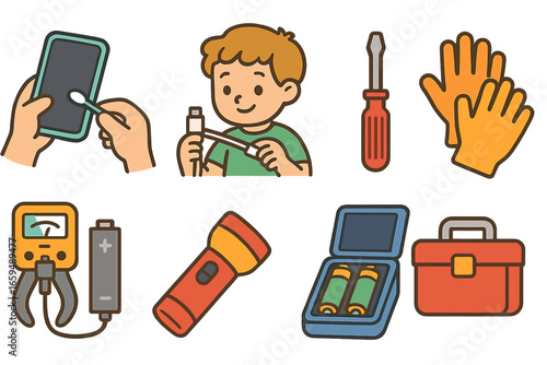 Charger Maintenance Icons. Flat vector mini-illustrations charger maintenance in colors children's illustrations: cleaning charger