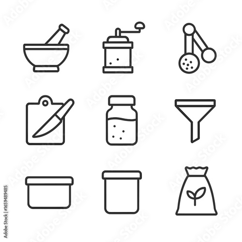 Clove Kitchen Icons. Outline icon set of clove kitchen tools: mortar and pestle, spice grinder, measuring spoon, spice jar,