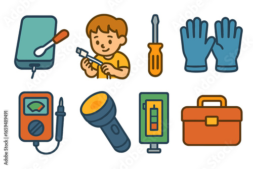 Charger Maintenance Icons. Flat vector mini-illustrations charger maintenance in colors children's illustrations: cleaning charger