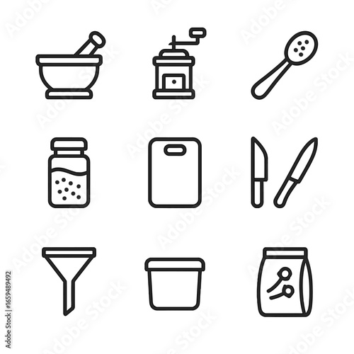Clove Kitchen Icons. Outline icon set of clove kitchen tools: mortar and pestle, spice grinder, measuring spoon, spice jar,