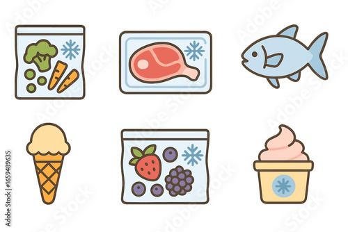 Child's Frozen Foods Grid. Flat vector mini-illustrations freezing foods in colors children's illustrations: frozen vegetables,