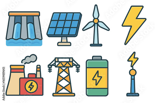 Childlike Energy Icons. Flat vector mini-illustrations lightning energy sources in colors children's illustrations: hydroelectric