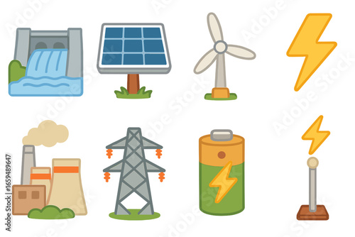 Childlike Energy Icons. Flat vector mini-illustrations lightning energy sources in colors children's illustrations: hydroelectric