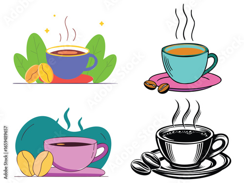 
Colorful vector illustration set of steaming coffee cups with beans and leaves for cafe design
