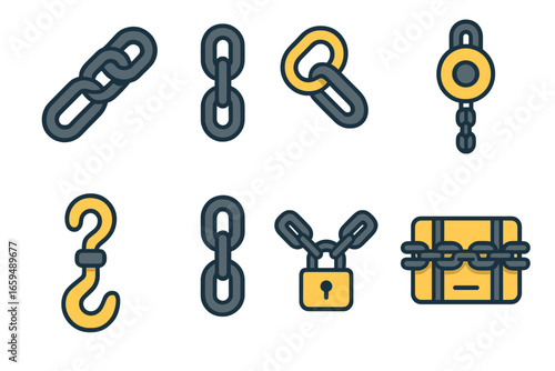 Colorful Chain Illustrations. Flat vector mini-illustrations industrial chains in colors children's illustrations: heavy-duty