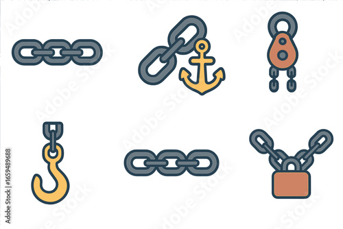 Colorful Chain Illustrations. Flat vector mini-illustrations industrial chains in colors children's illustrations: heavy-duty