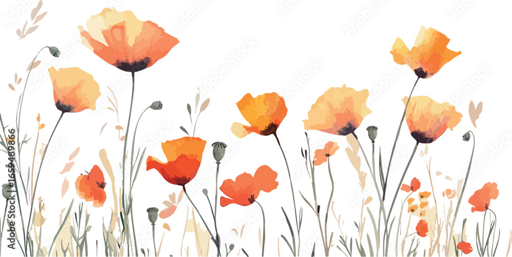 Naklejka premium Vibrant watercolor painting of delicate orange poppies blooming in a field with soft green stems and leaves