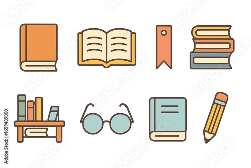 Children's Book Icons. Flat vector mini-illustrations biography books in colors children's illustrations: hardcover book, open
