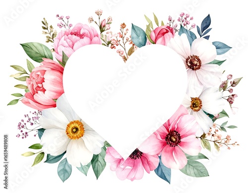 Watercolor floral heart-shaped frame with pink and white flowers