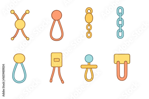 Colorful Clasp Icons. Flat vector mini-illustrations adjustable clasps in colors children's illustrations: sliding bead clasp,