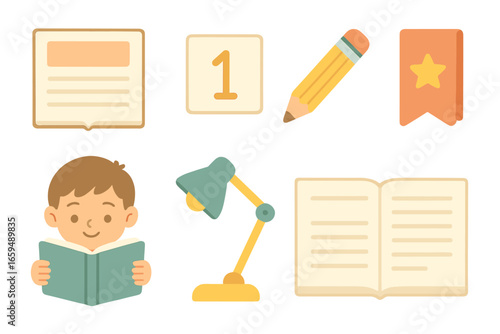 Children's Book Layouts. Flat vector mini-illustrations book page layouts in colors children's illustrations: chapter title, page