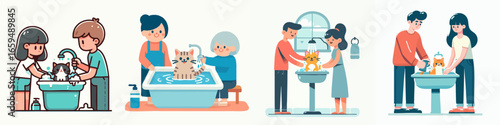 Cute Cartoon Illustration Diverse People Giving Bath to Adorable Cats