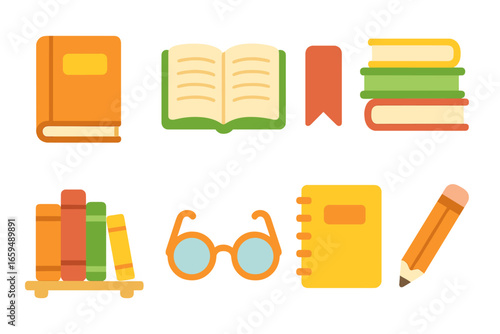 Children's Book Icons. Flat vector mini-illustrations biography books in colors children's illustrations: hardcover book, open