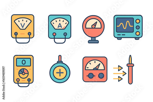 Colorful Electrical Instruments. Flat vector mini-illustrations charge measurement in colors children's illustrations: voltmeter,