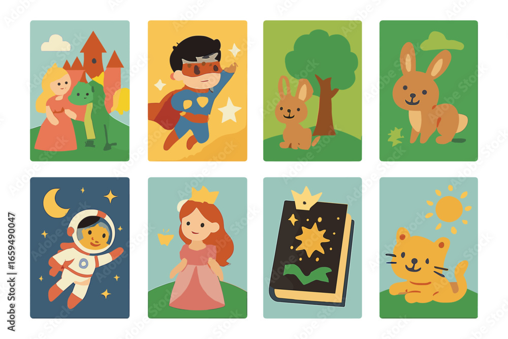 Naklejka premium Children's Cover Icons. Flat vector mini-illustrations cover illustrations for kids in colors children's illustrations: fairy tale