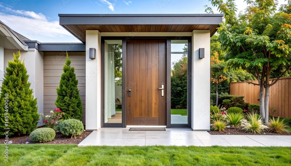 Fototapeta premium A sleek minimalist front door with frosted glass panel in a modern suburban house 