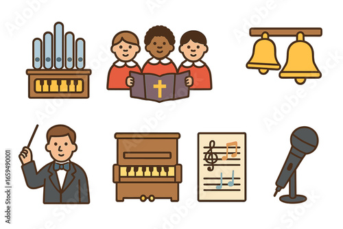 Children's Church Music Icons. Flat vector mini-illustrations church music in colors children's illustrations: organ, choir, hymn