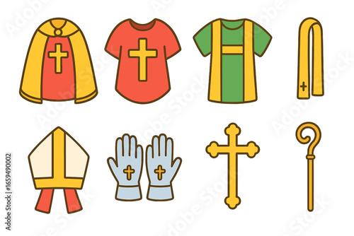 Children's Church Icon Set. Flat vector mini-illustrations Ceremonial vestments in colors children's illustrations: cope, chasuble