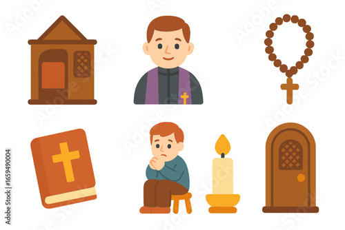 Children's Confession Icons. Flat vector mini-illustrations confession theme in colors children's illustrations: confessional