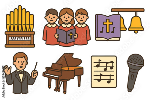 Children's Church Music Icons. Flat vector mini-illustrations church music in colors children's illustrations: organ, choir, hymn