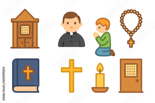 Children's Confession Icons. Flat vector mini-illustrations confession theme in colors children's illustrations: confessional