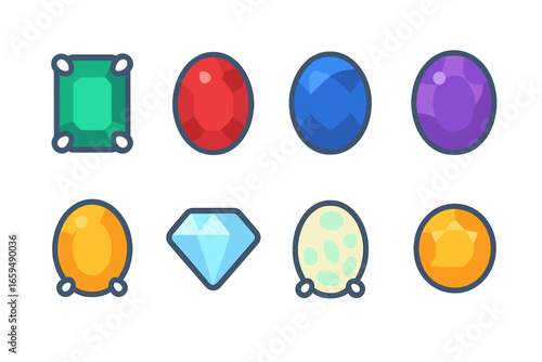 Colorful Gem Grid. Flat vector mini-illustrations gemstone in white gold settings in colors children's illustrations: emerald in
