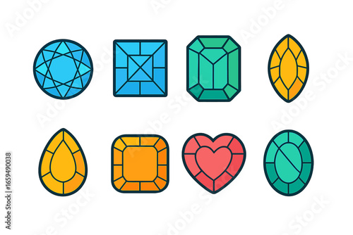 Colorful Gem Facets. Flat vector mini-illustrations gemstone facets in colors children's illustrations: round brilliant cut,