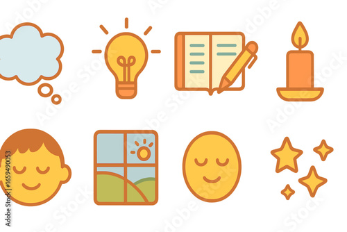 Children's Creative Icons. Flat vector mini-illustrations closing reflections in colors children's illustrations: thought bubble,