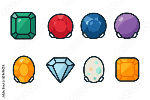 Colorful Gem Grid. Flat vector mini-illustrations gemstone in white gold settings in colors children's illustrations: emerald in