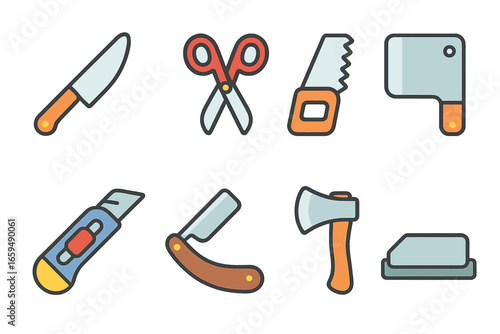 Children's Cutting Tools. Flat vector mini-illustrations cutting tools in colors children's illustrations: knife, scissors, saw,