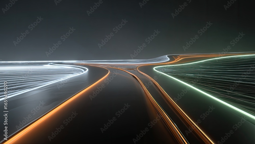 Obraz premium Futuristic road junction with glowing light trails in dark environment