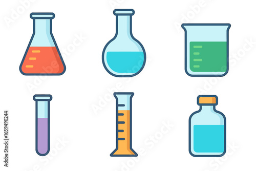 Colorful Lab Icons. Flat vector mini-illustrations lab glass shapes in colors children's illustrations: Erlenmeyer flask, round