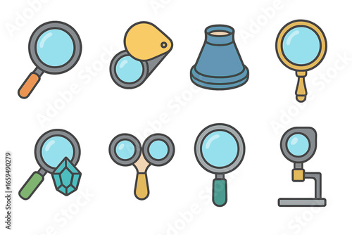 Colorful Magnifying Loupe Grid. Flat vector mini-illustrations magnifying loupes in colors children's illustrations: classic round