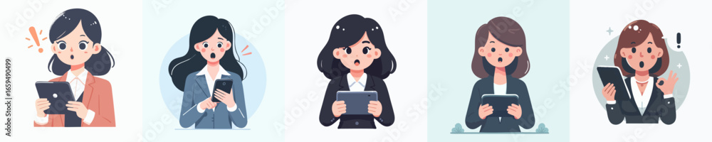 Illustration Surprised Woman in Formal Outfit Holding Tablet Device Character Set Illustration Surprised Woman in Formal Outfit Holding Tablet Device Character Set