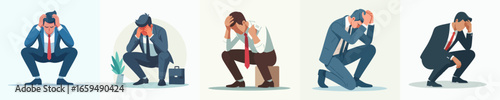 Flat Style Stressed Businessman Illustration Showing Frustration and Sadness in the Workplace