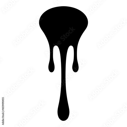 Abstract Black Drip Design, Fluid Shape with Droplets on White Background
