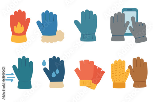 Colorful Thermal Gloves. Flat vector mini-illustrations thermal gloves in colors children's illustrations: heated gloves,