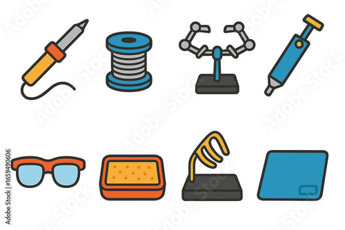 Colorful Soldering Tools. Flat vector mini-illustrations soldering tools in colors children's illustrations: soldering iron,